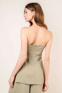 Francis Front Pleat Tailored Pant or Strapless Woven Side Slit Top -OLIVE or IVORY