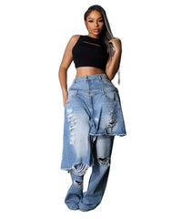 Aria   light Blue Apron Frayed Hem Straight Leg Pant