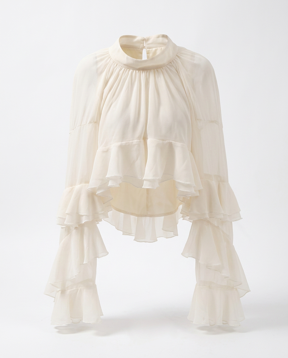 Radiant Mesh Lace Flare Blouse: Off-white / S