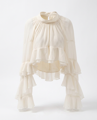 Radiant Mesh Lace Flare Blouse: Off-white / S