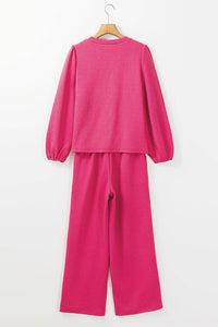 Puff Sleeve Top and Pants Set: Rose Red  or Black