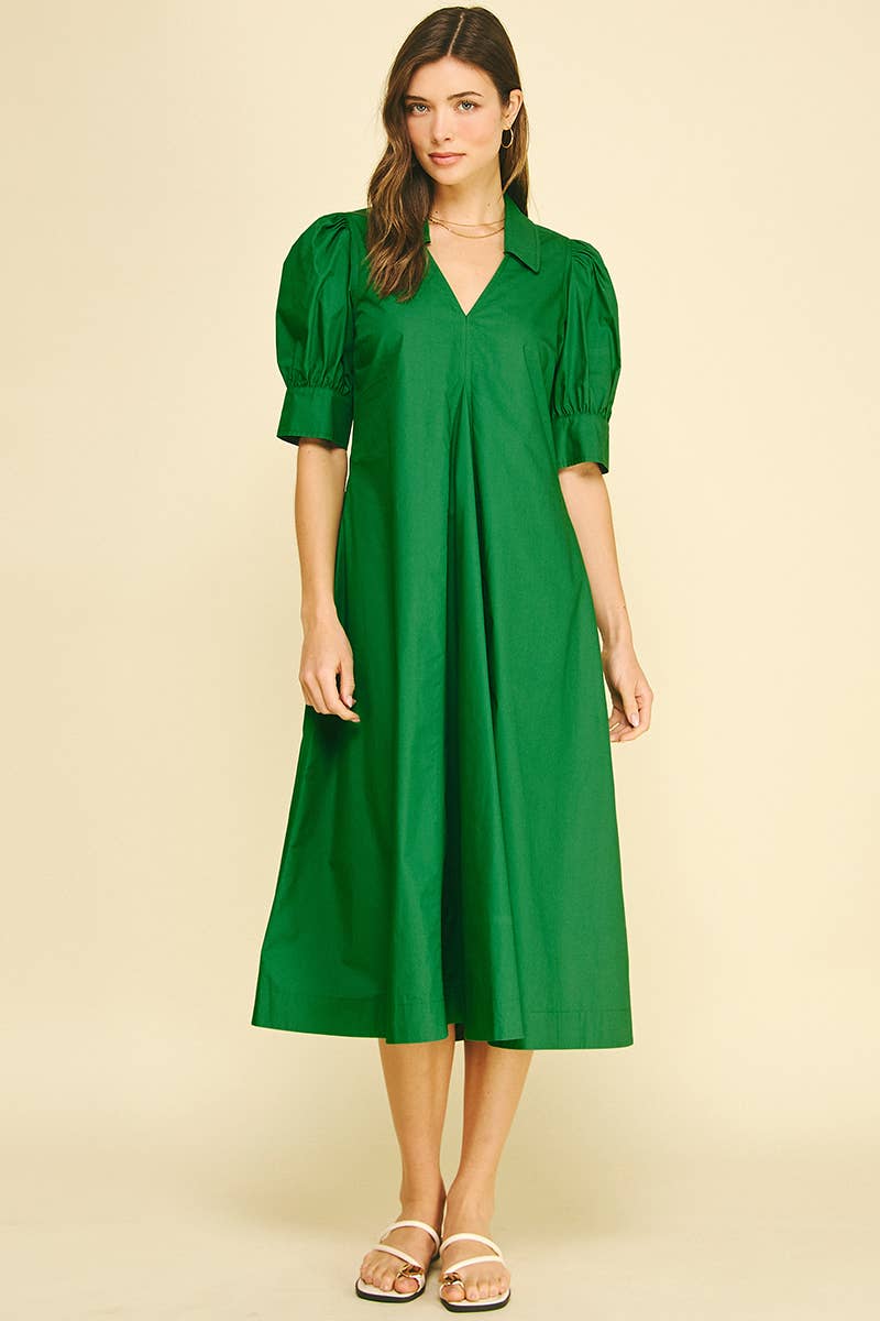Harriet Grass Green V-NECK PLEATED A-LINE DRESS