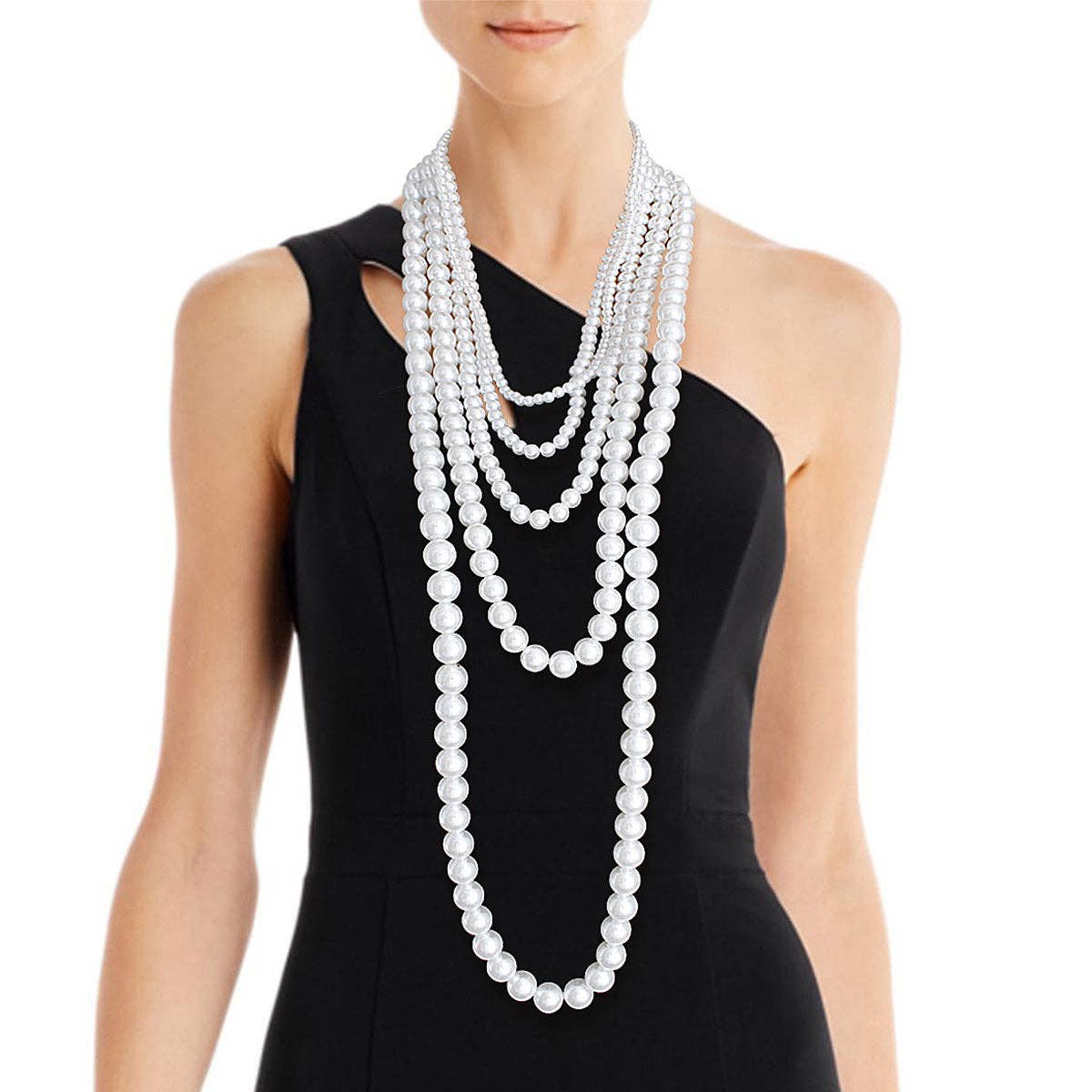 Pearly Long 5 Strand White Pearl Set: 24 inches / White / Rhodium