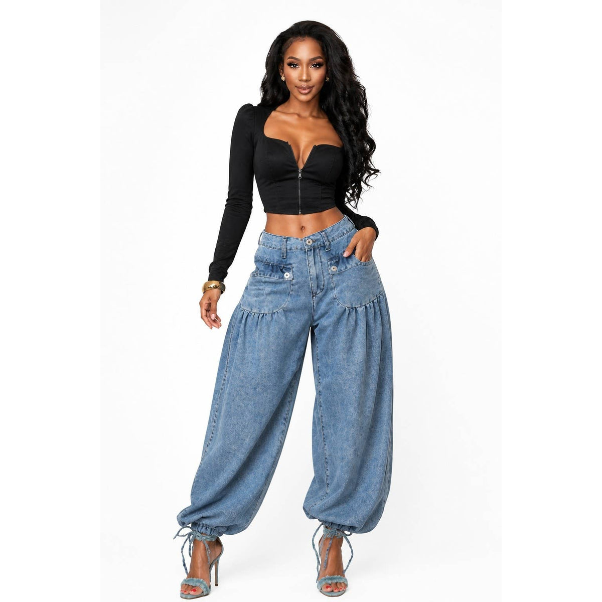 Washed Denim Ankle Drawstring Balloon Jeans: LIGHT BLUE / S-M-L(2-2-2)