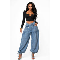 Washed Denim Ankle Drawstring Balloon Jeans: LIGHT BLUE / S-M-L(2-2-2)