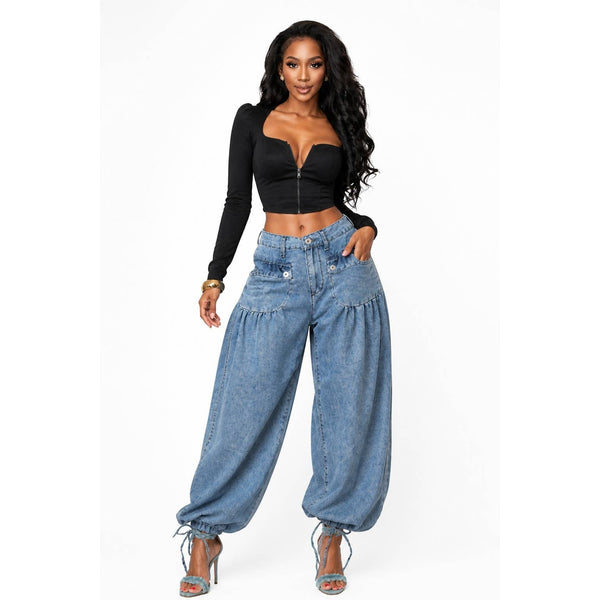 Washed Denim Ankle Drawstring Balloon Jeans: LIGHT BLUE / S-M-L(2-2-2)