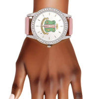 AKA Pink Leather Silver Sun Cut Dial Watch Women: Pink / Rhodium / Adjustable