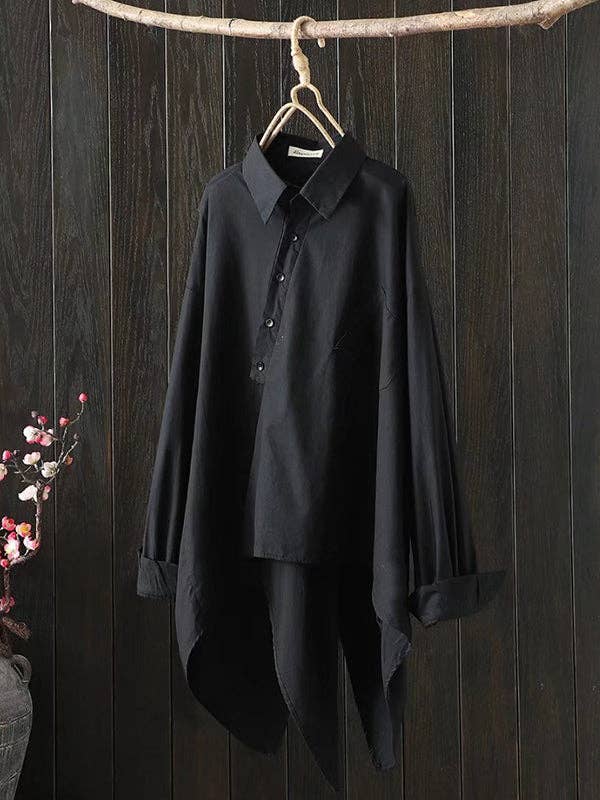 Urban Loose Black White Long Sleeves Irregular Blouse: BLACK / One_size