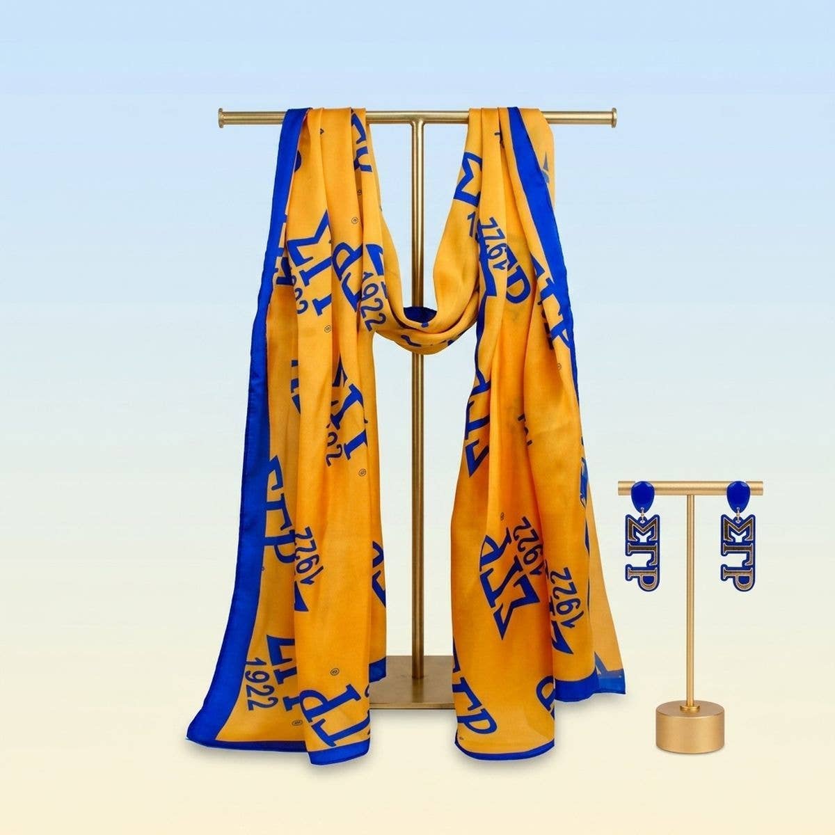 SGRHO Long Blue and Yellow 1922 Rectangle Scarf: Color: Gold and Blue / Plating: Multi Tone / Size: 64 x 16 inches