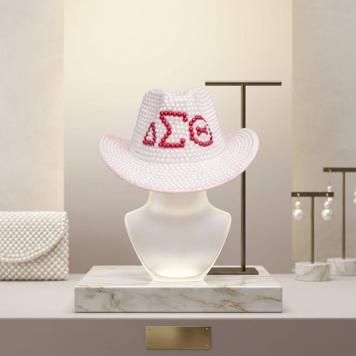 DST Sorority White and Red Pearl Fedora Hat Women\