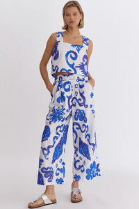 Tropical Print Blue & White Top & Pants