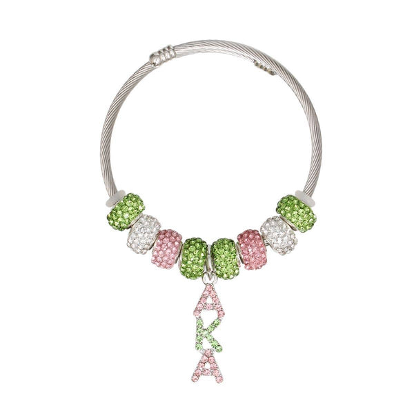 AKA Sorority Greek Charm Cable Bangle Bracelet: Color: Pink and Green / Plating: Rhodium / Size: Adjustable