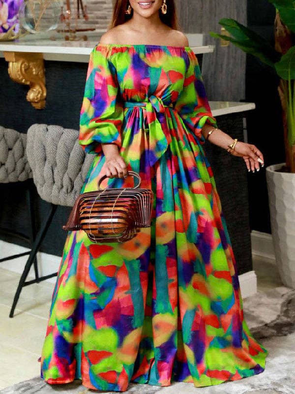 Puff Sleeves Printed Tied Waist Off-The-Shoulder Maxi Dresses: GREEN / M