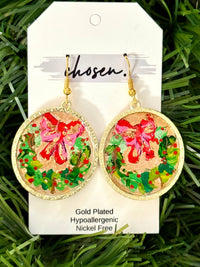 Welcome Wreath Hand Painted Leather Earrings: Cream background