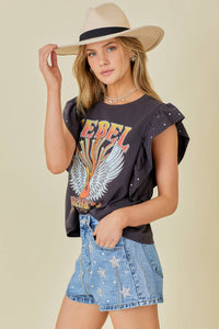 Rock n Roll Print Rhinestone Ruffle Top: CHARCOAL