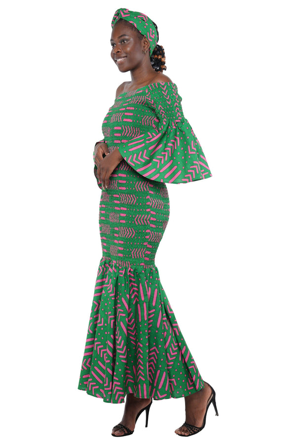 African Kente Ladies Long Smocked Mermaid/Fish Tail Dress: One Size
