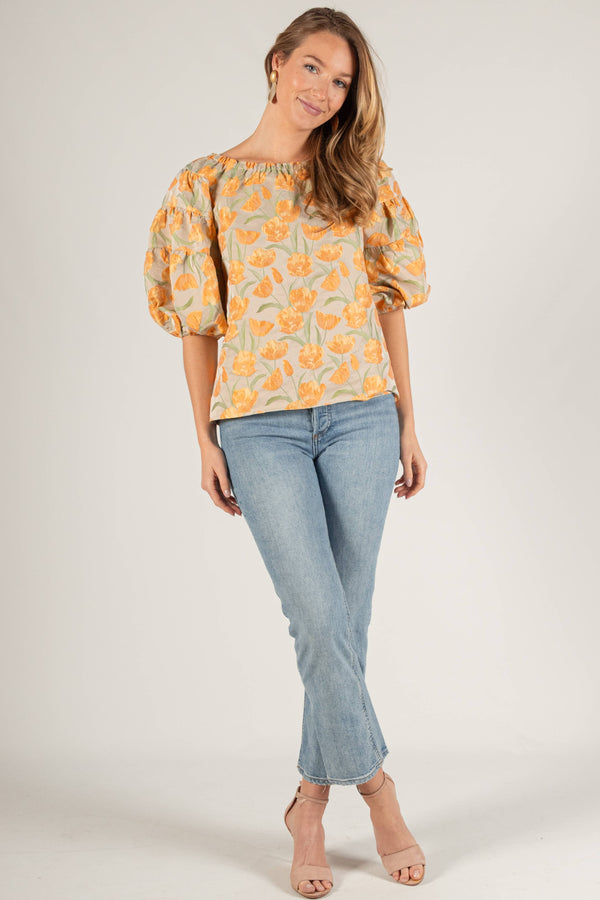 Tulip Jacquard Puff Sleeve Off Shoulder Top: Tangerine Multi