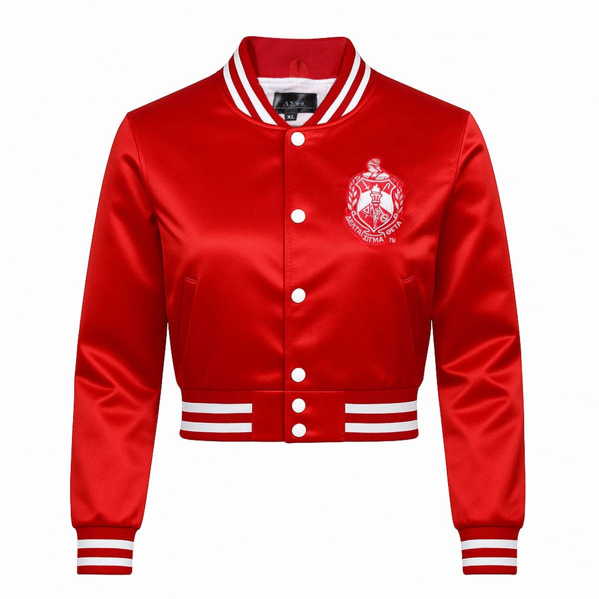 DST Greek Apparel Cropped Satin Varsity Jacket