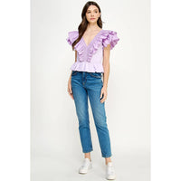 Riley Ruffled Poplin Detail Knit Top: Lilac or Off White