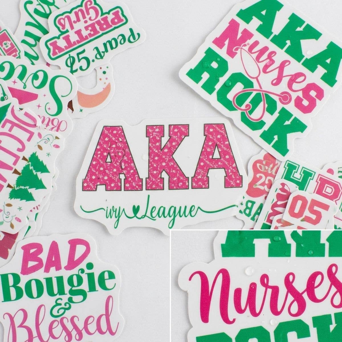 Alpha Kappa Alpha 60 Piece Sticker Set: Pink and Green / Multi Tone / Assorted 2 x 2 inches