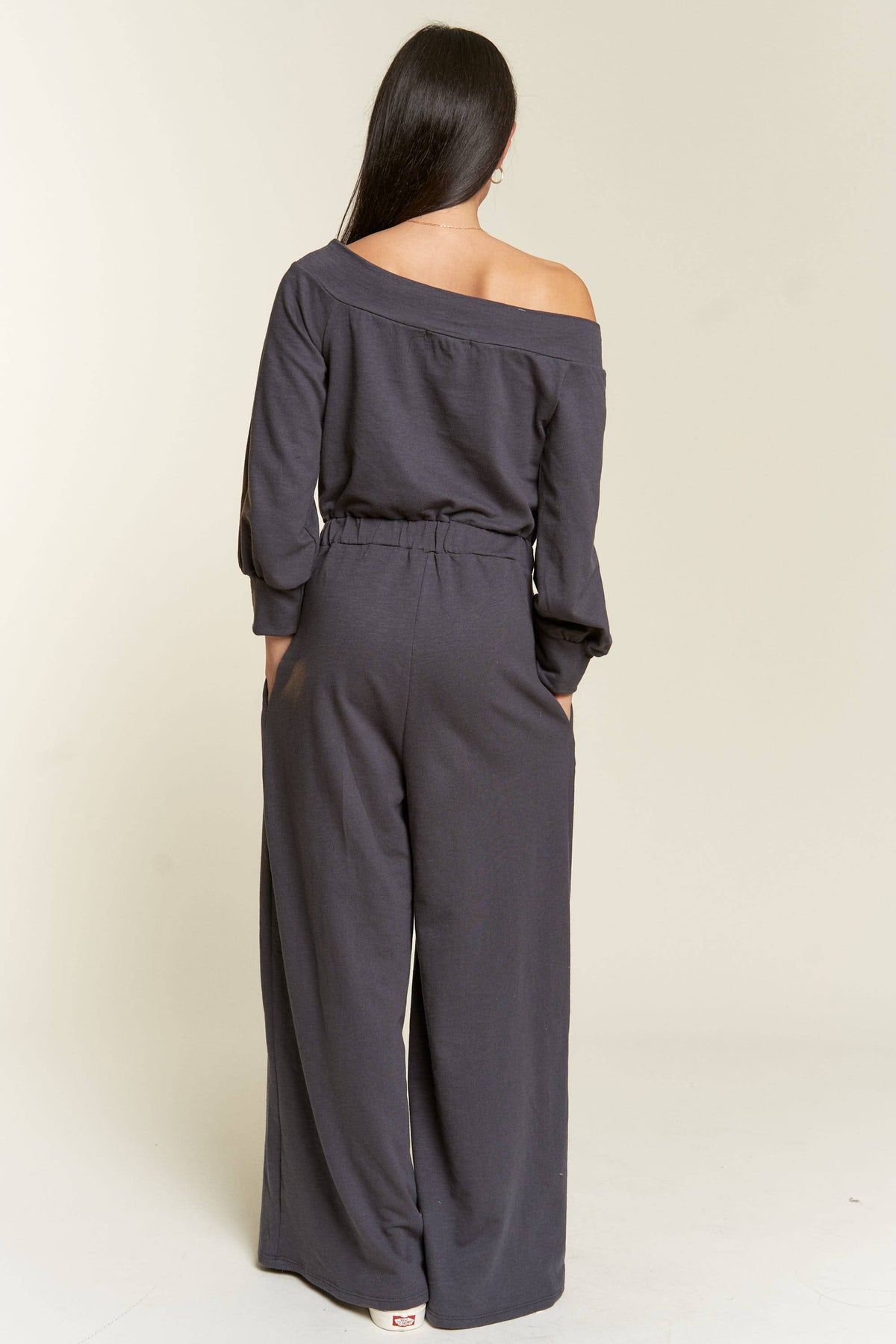 Melinda One Shoulder Terry Jumpsuit Dark Gray or Lime