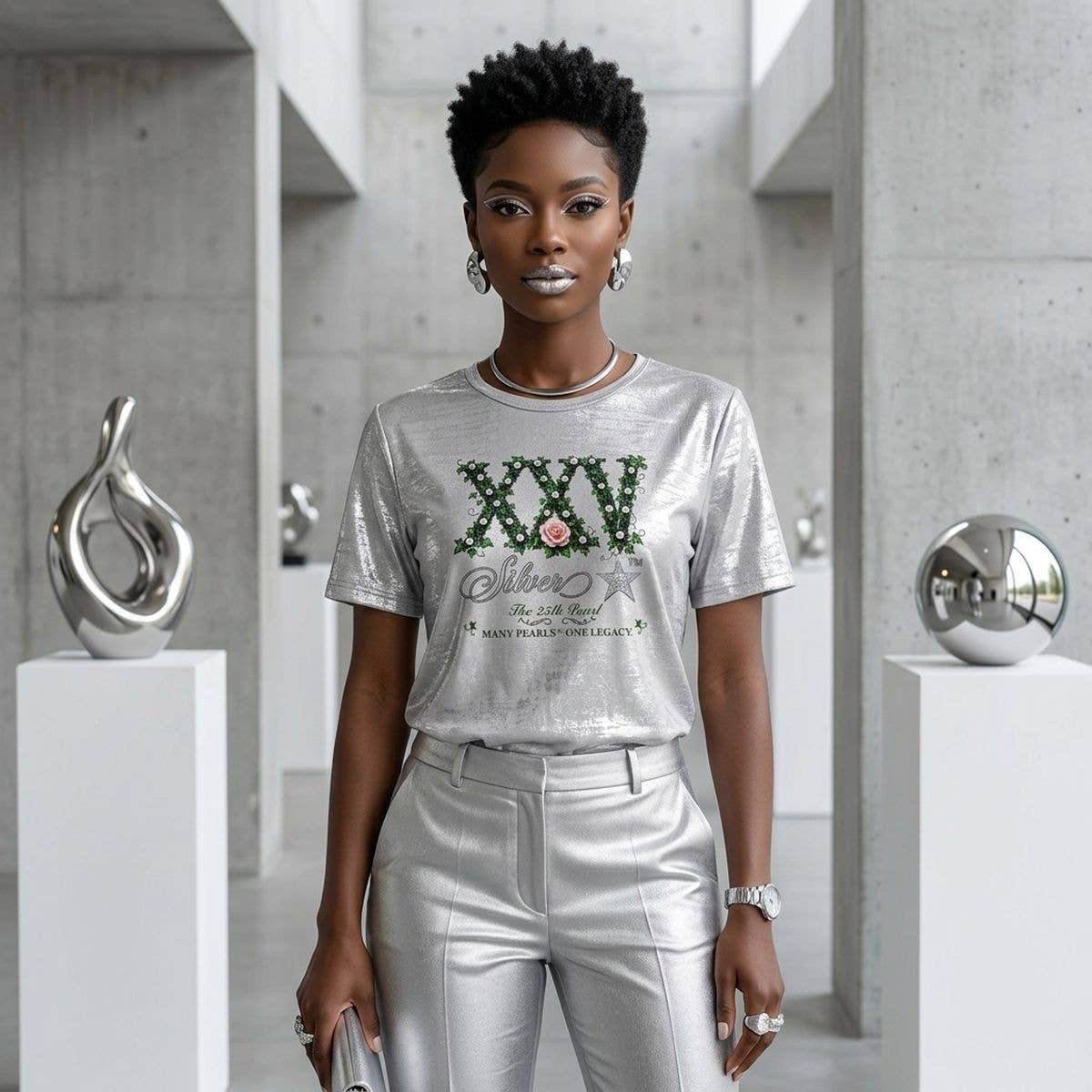 Medium AKA Silver Soror 25th Pearl Metallic Tee: Silver / Multi Tone / Medium