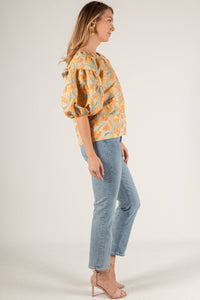 Tulip Jacquard Puff Sleeve Off Shoulder Top: Tangerine Multi
