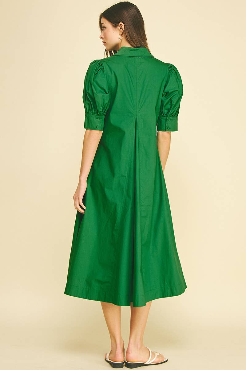 Harriet Grass Green V-NECK PLEATED A-LINE DRESS