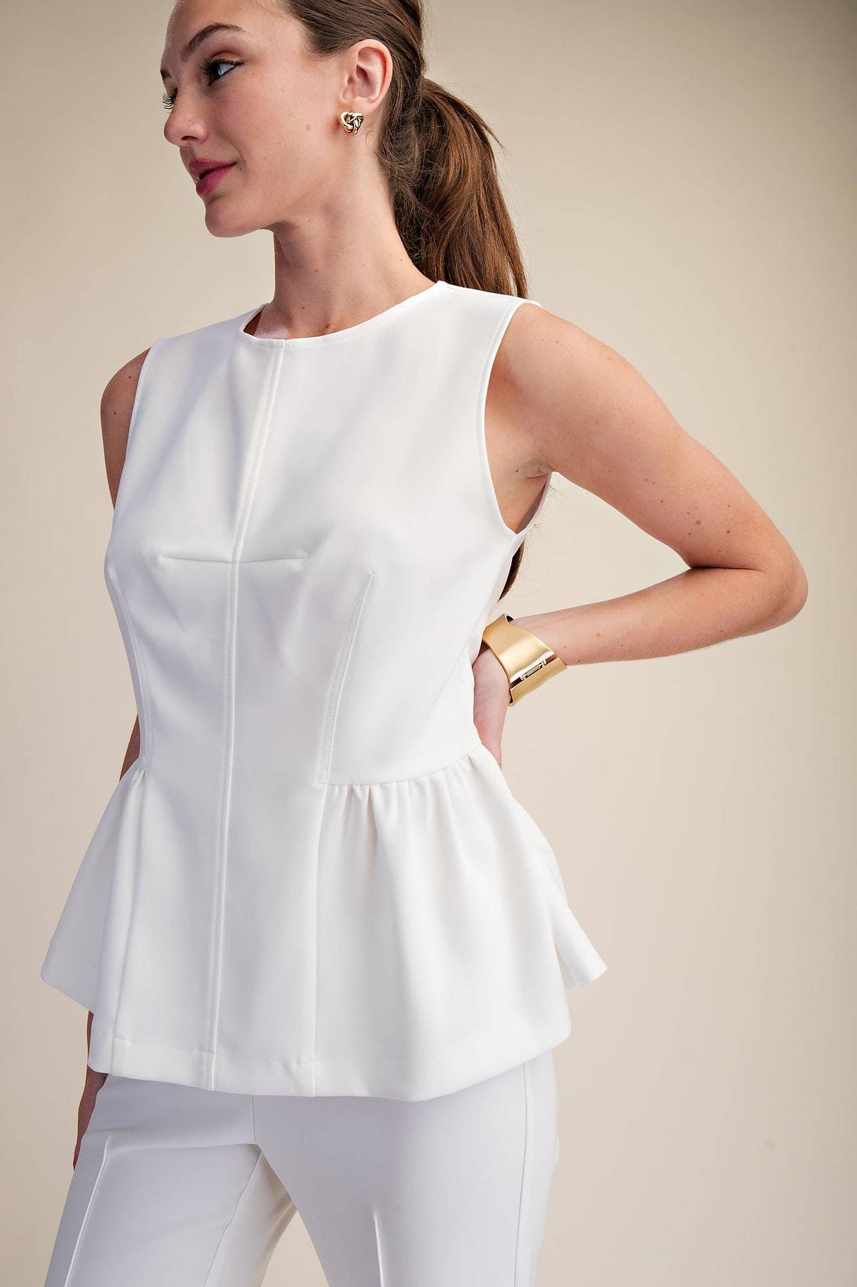 Peplum Top Round Neck Stitch Detail : Red / S