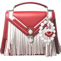 White Red Delta Shield Pearl Keychain: 7.75 x 1.65 inches / White / Rhodium