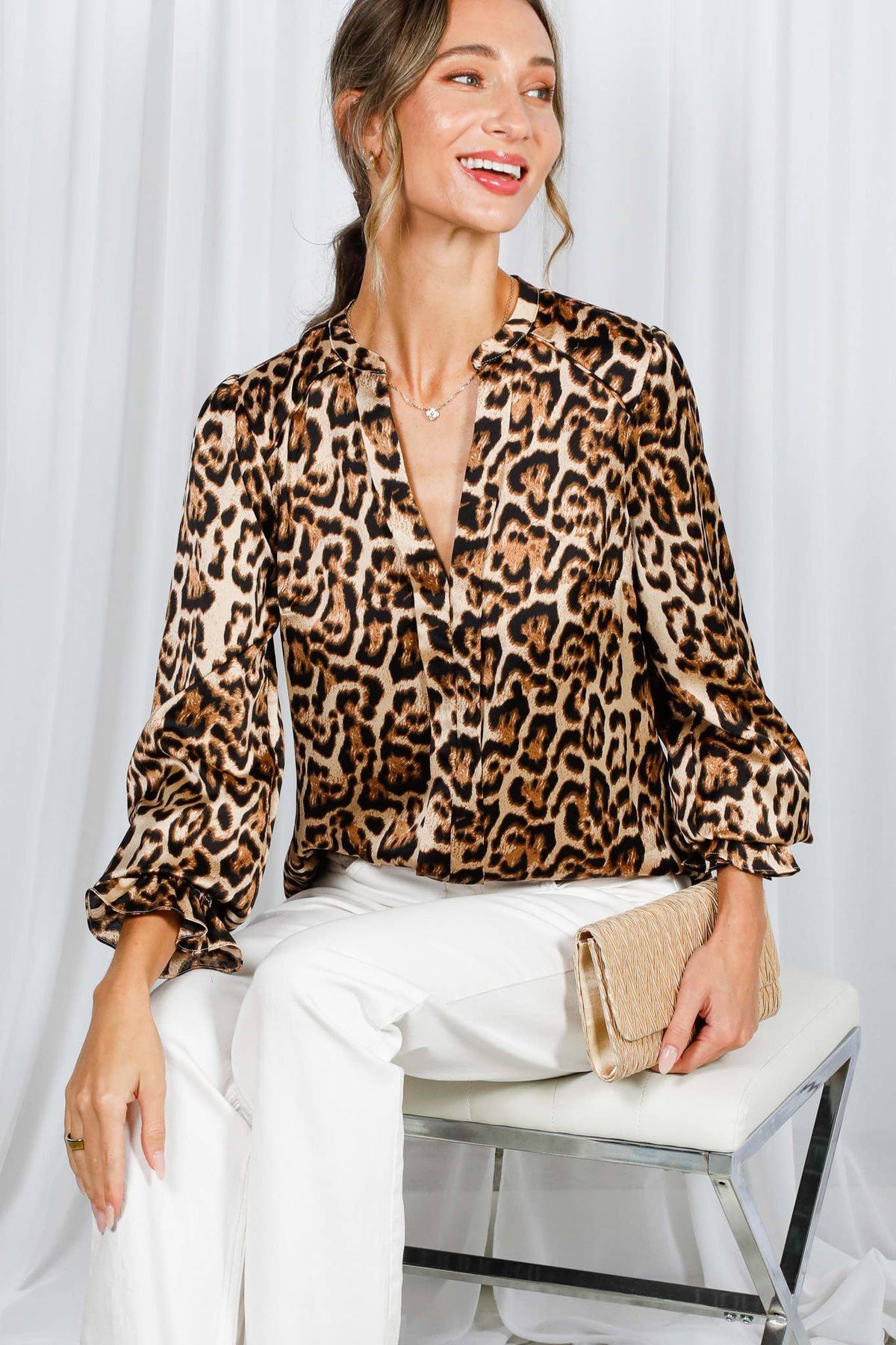 Henley Neck Elastic Smocked Leopard Print Blouse VT31377T: Brown / L