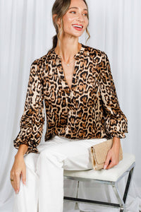 Henley Neck Elastic Smocked Leopard Print Blouse VT31377T: Brown / L