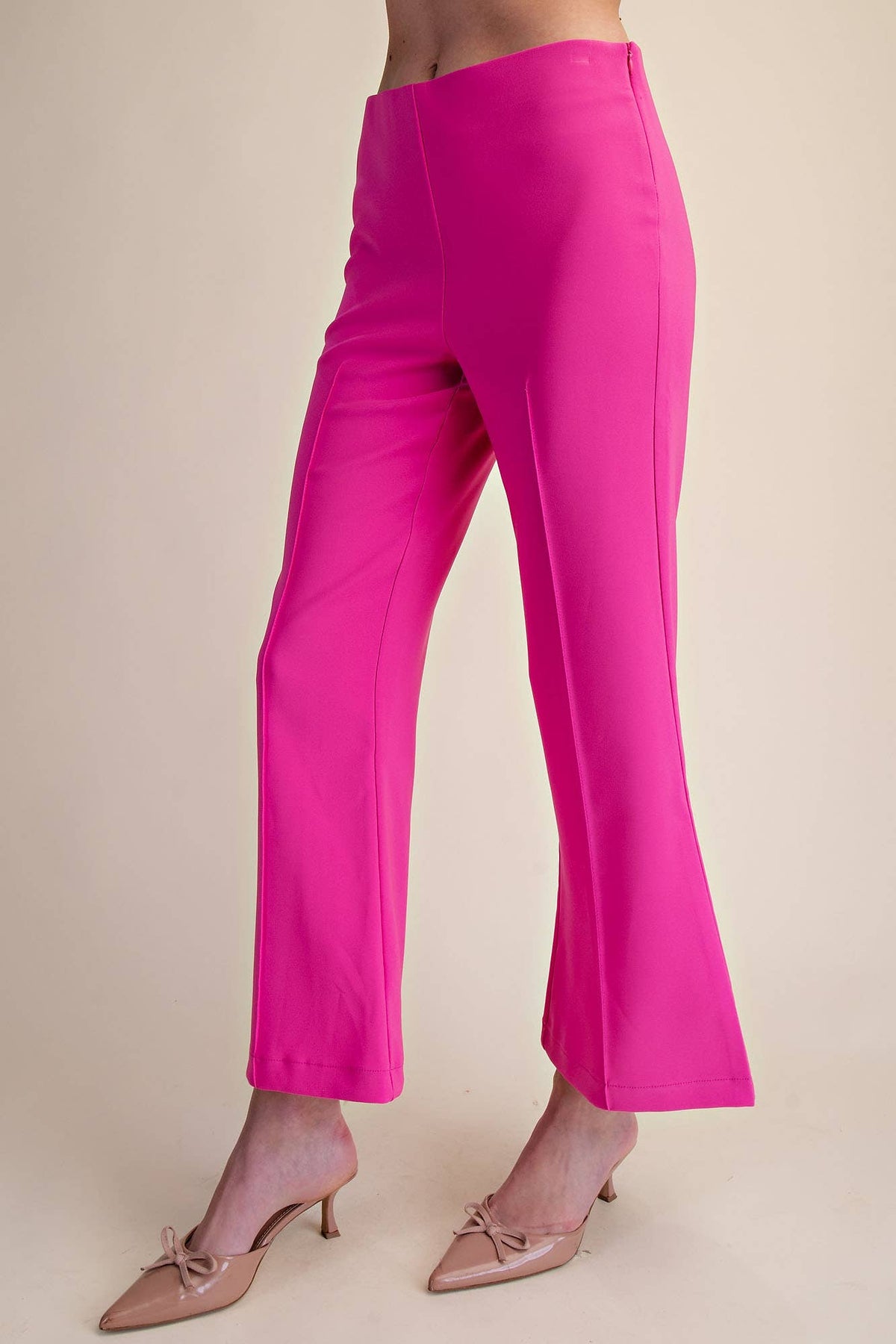 High Waist Stitch Pleats Flare Crop Stretchy Pants: Red / S