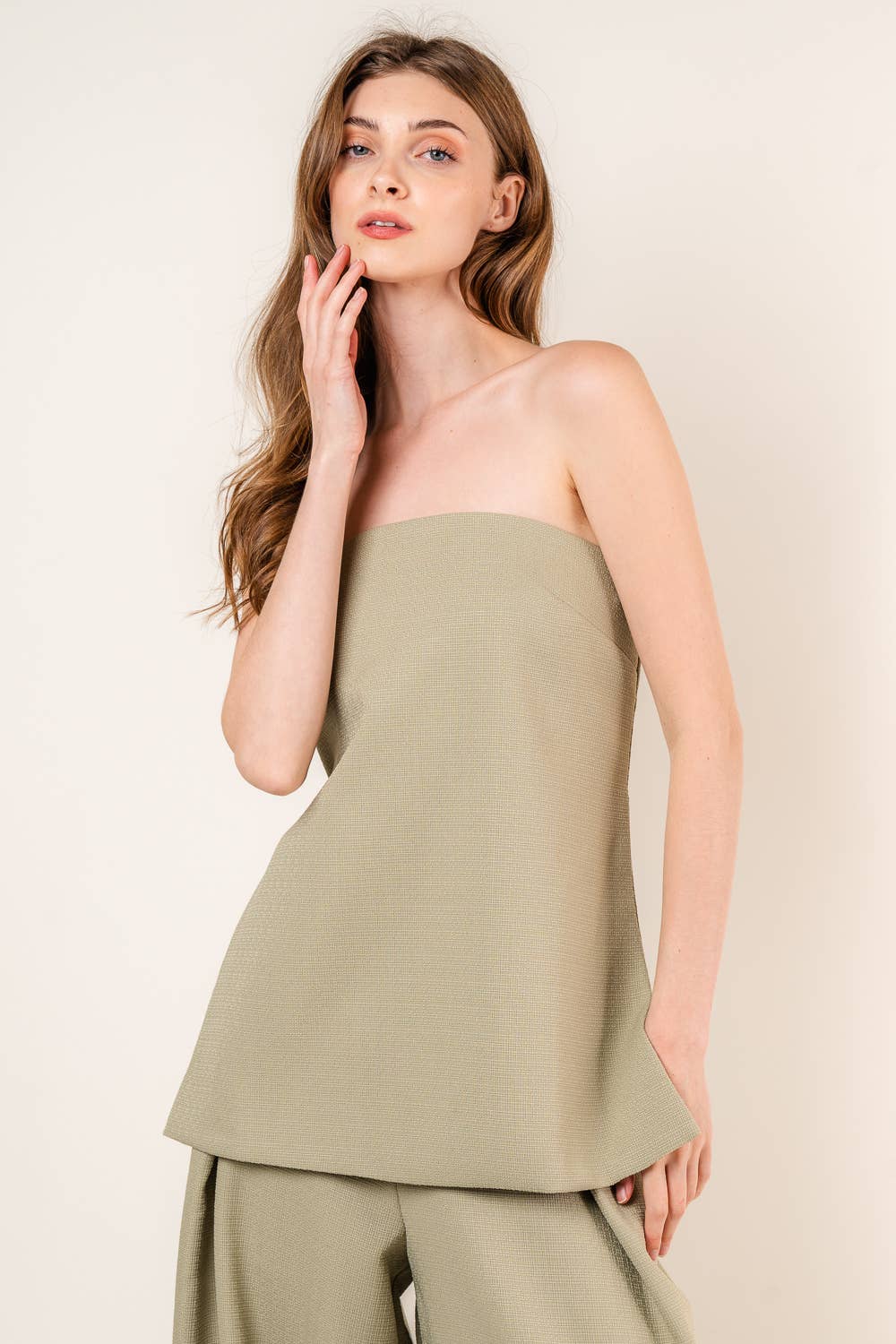 Francis Front Pleat Tailored Pant or Strapless Woven Side Slit Top -OLIVE or IVORY