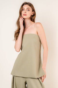 Francis Front Pleat Tailored Pant or Strapless Woven Side Slit Top -OLIVE or IVORY
