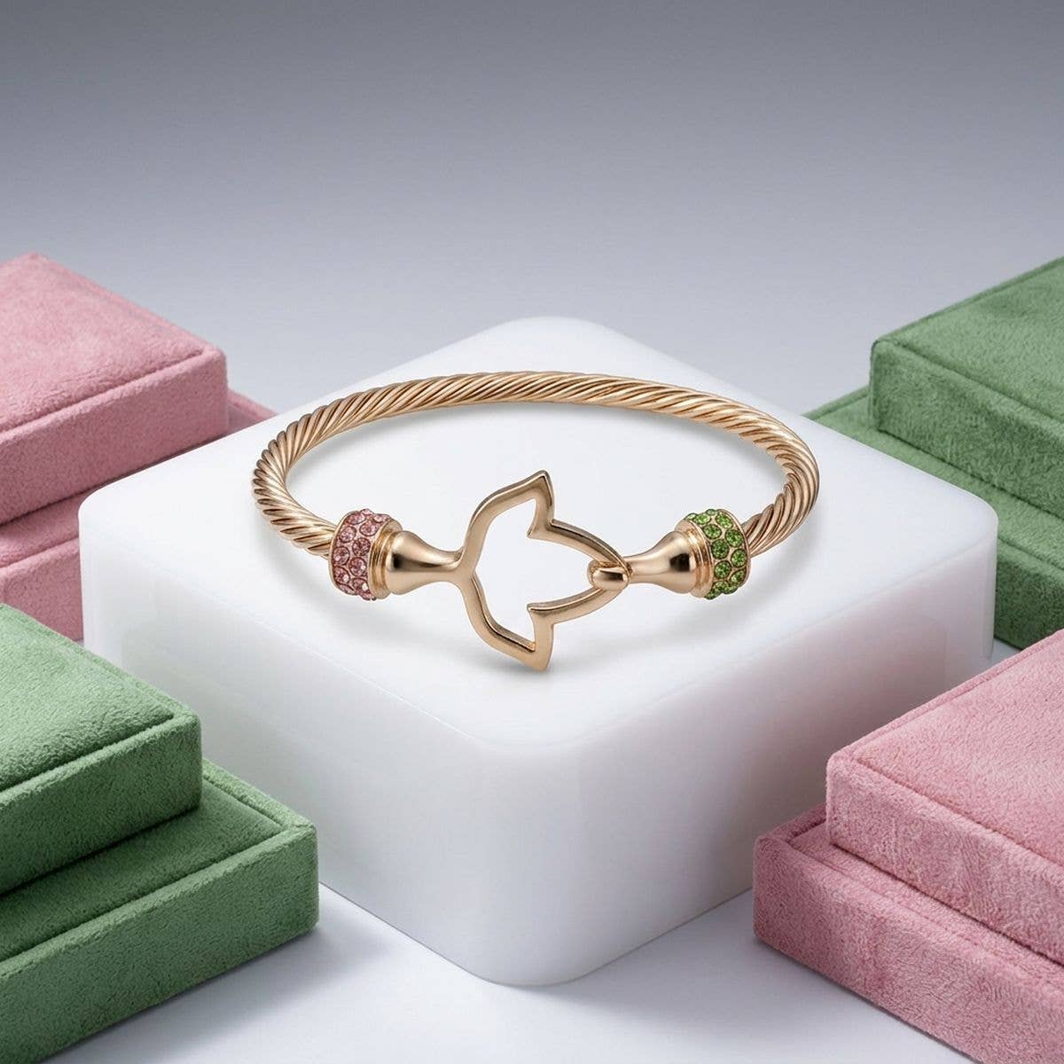 AKA Gold Cable Interlock Bangle: Pink and Green / Gold / 8 inches