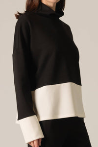 P. CILL Butter Modal Color Block Mock Neck Top: Black-Ivory