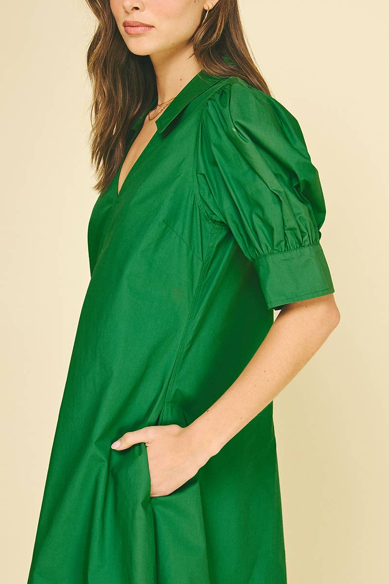 Harriet Grass Green V-NECK PLEATED A-LINE DRESS
