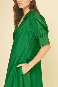 Harriet Grass Green V-NECK PLEATED A-LINE DRESS