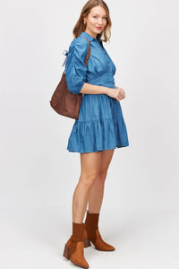 Daphne Ruched Sleeve Tiered Button Up Shirt Dress