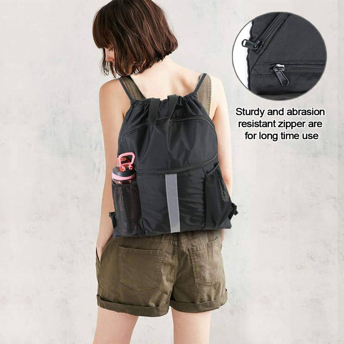 Drawstring Bag with Water Bottle Holder and Pockets Gym Bag: Black
