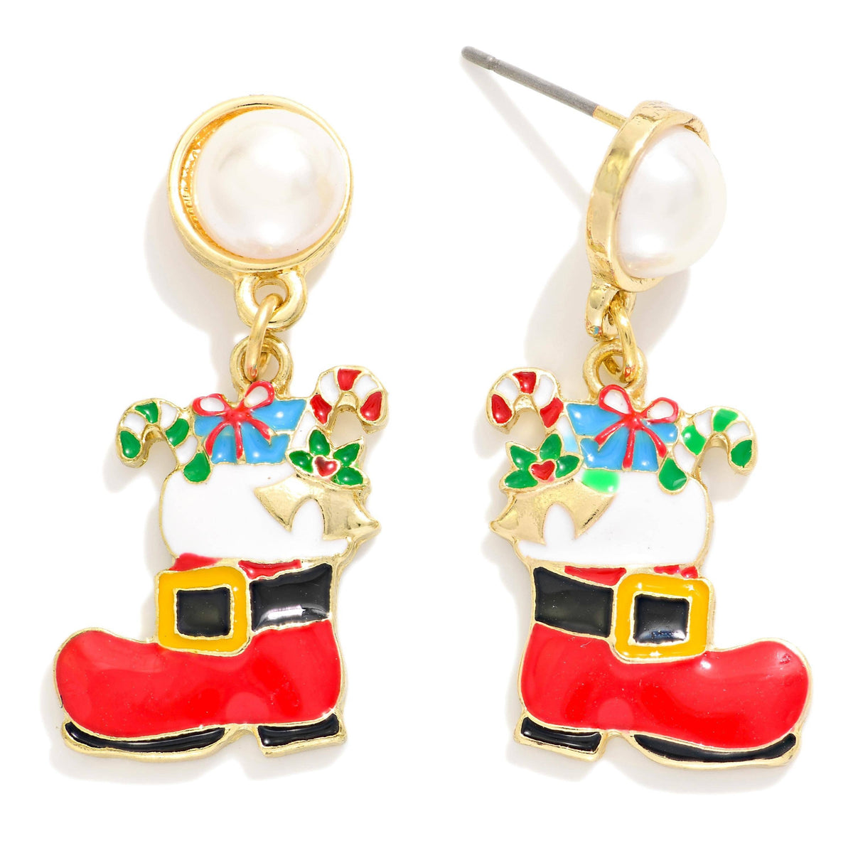 Christmas Santa Boot Earrings With Pearl Post Drop