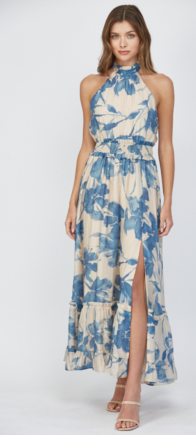 FELICITY  FLORAL PRINT TIE BACK HALTER NECKLINE MAXI DRESS