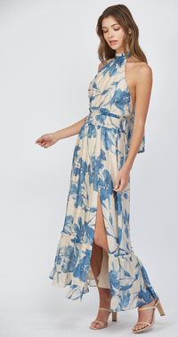 FELICITY  FLORAL PRINT TIE BACK HALTER NECKLINE MAXI DRESS