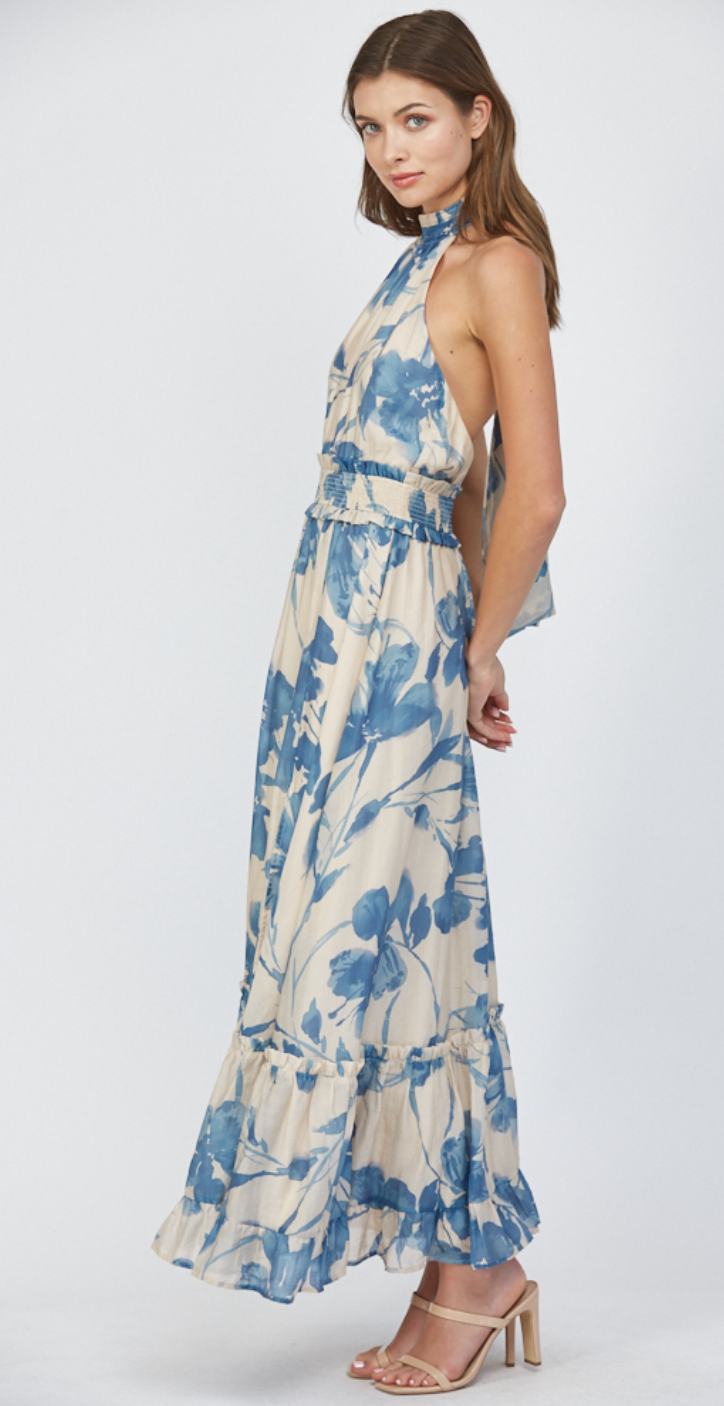 FELICITY  FLORAL PRINT TIE BACK HALTER NECKLINE MAXI DRESS
