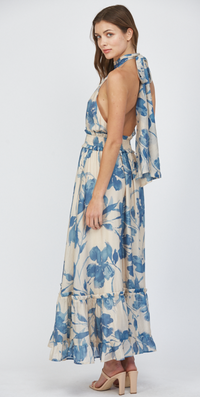 FELICITY  FLORAL PRINT TIE BACK HALTER NECKLINE MAXI DRESS