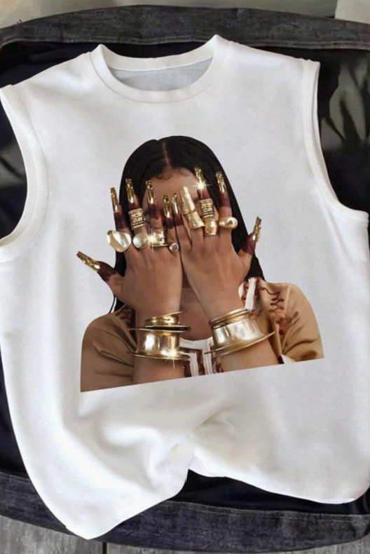 Gold Nail Woman Face Graphic Sleeveless Tank Top