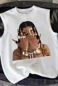 Gold Nail Woman Face Graphic Sleeveless Tank Top