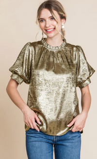 Marcy METALLIC BUBBLE SLEEVE TOP--GOLD