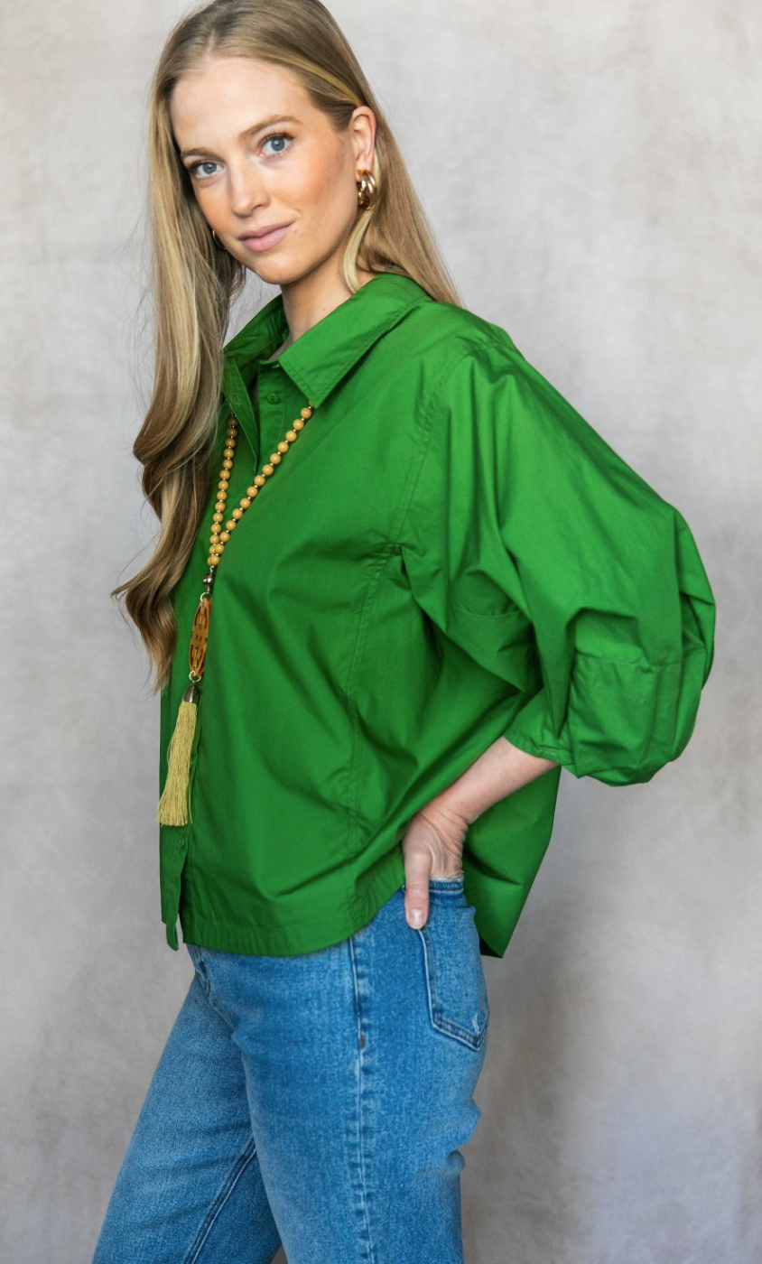 Ivy Grass Green Poplin Bishop Sleeve Button Up Shirt